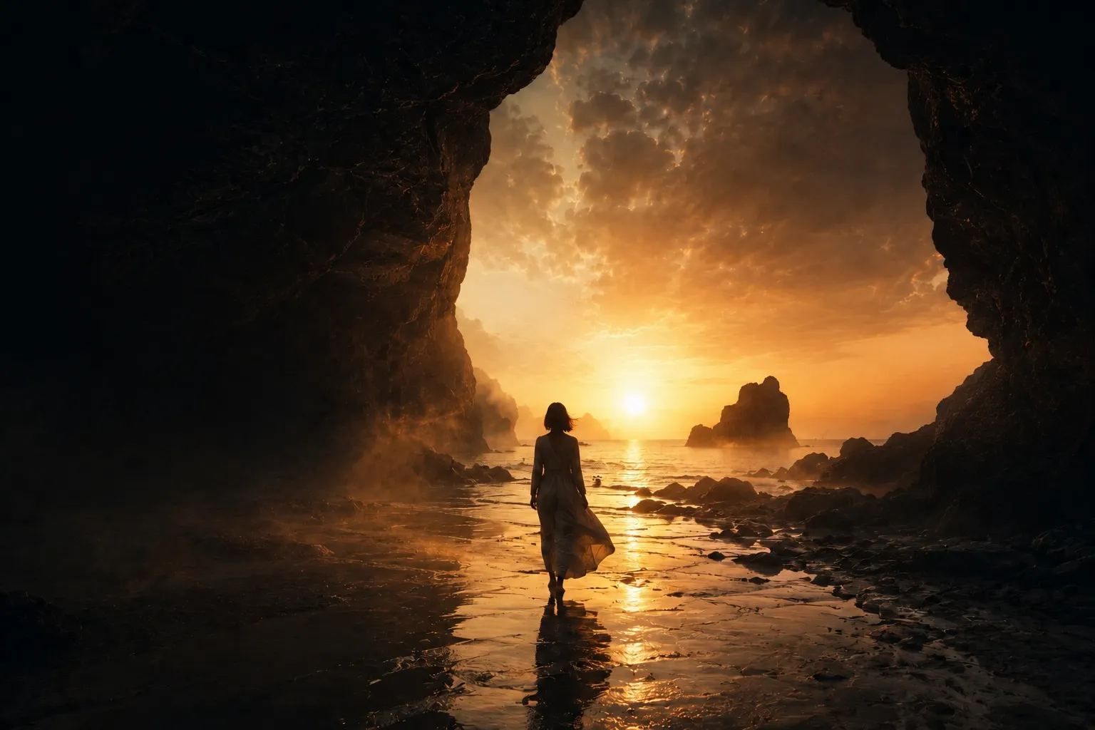A figure walking toward sunrise through a coastal cave